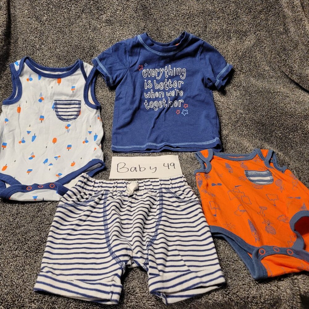49.   Baby 3-Pack Outfit  *ICE CREAM SHIRT & BLUE & WHITE STRIPE SHORTS ONLY*